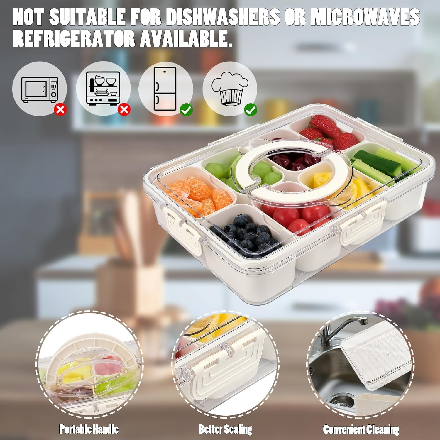 2 Pack Snackle Box Container,Portable Snack Box Compartment Divided Serving Tray with Lid and Handle,Clear Storage Organizer for Fruit Candy Nuts Veggie Perfect for Road Travel Party image number 1