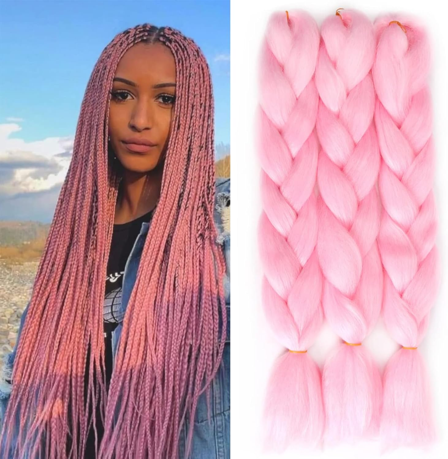 Jumbo Braiding Hair Extensions,24Inch/60Cm 3 Packs High Temperature Fiber Crochet Twist Braids Crochet Braiding Hair Purple/Rose Red/Pink(C6)