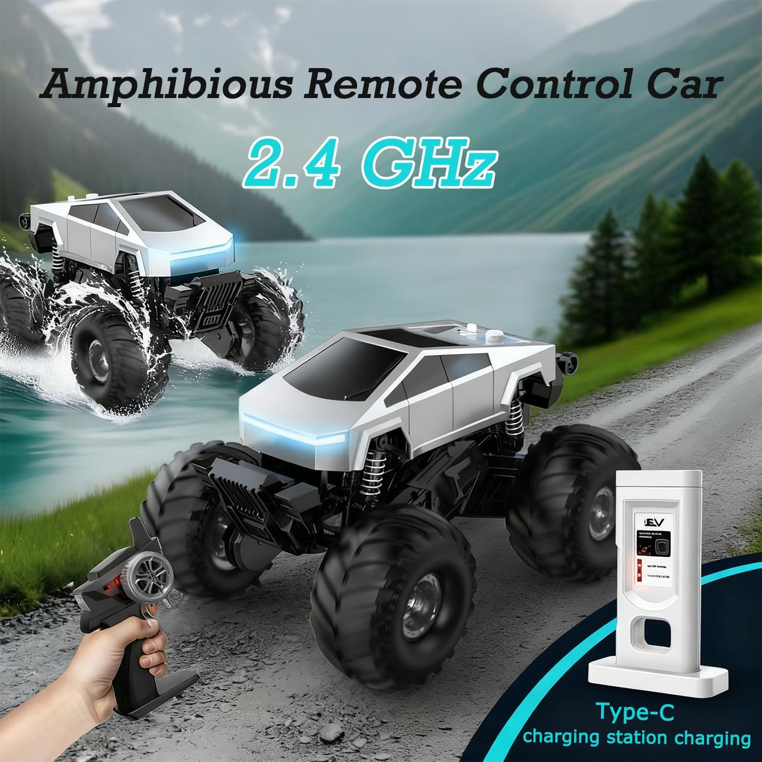 Amphibious Remote Control Car, 1:18 Monster Truck Toys for Boys RC Cars, 2.4 Ghz Waterproof Cyber RC Trucks, 4WD All Terrain Off-Road Pickup, Kids Christmas Birthday Gifts Present Boy Girl Toys Age 8+ image number 1