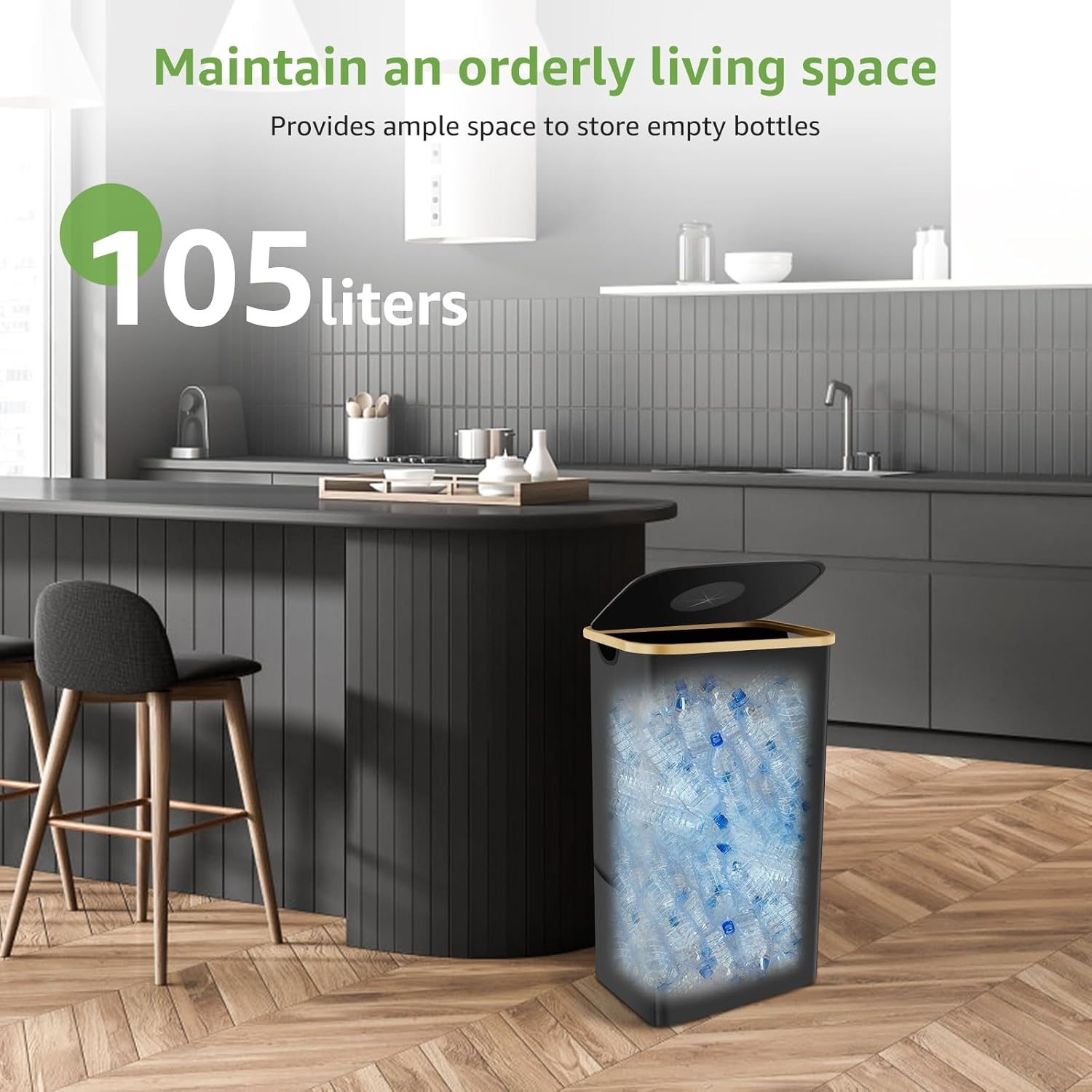 105L Recycling Bin Large Capacity Recycle Bin with Lid Removable Reusable Bag Foldable Collecting Bottle Can Portable Recycling Storage Container Bamboo Handle Recycle Bottle Bin for Kitchen Indoor image number 2