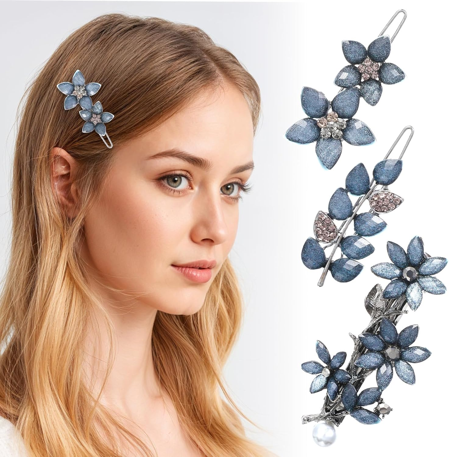 3 PCS Vintage Rhinestone Hair Clips, 2 Inch Ink-Blue Sparkly Crystal Flower Small Hair Barrettes Fancy Decorative Hairpin Wedding Hairs Accessories for Women Girls Bride Engagement Prom Valentines