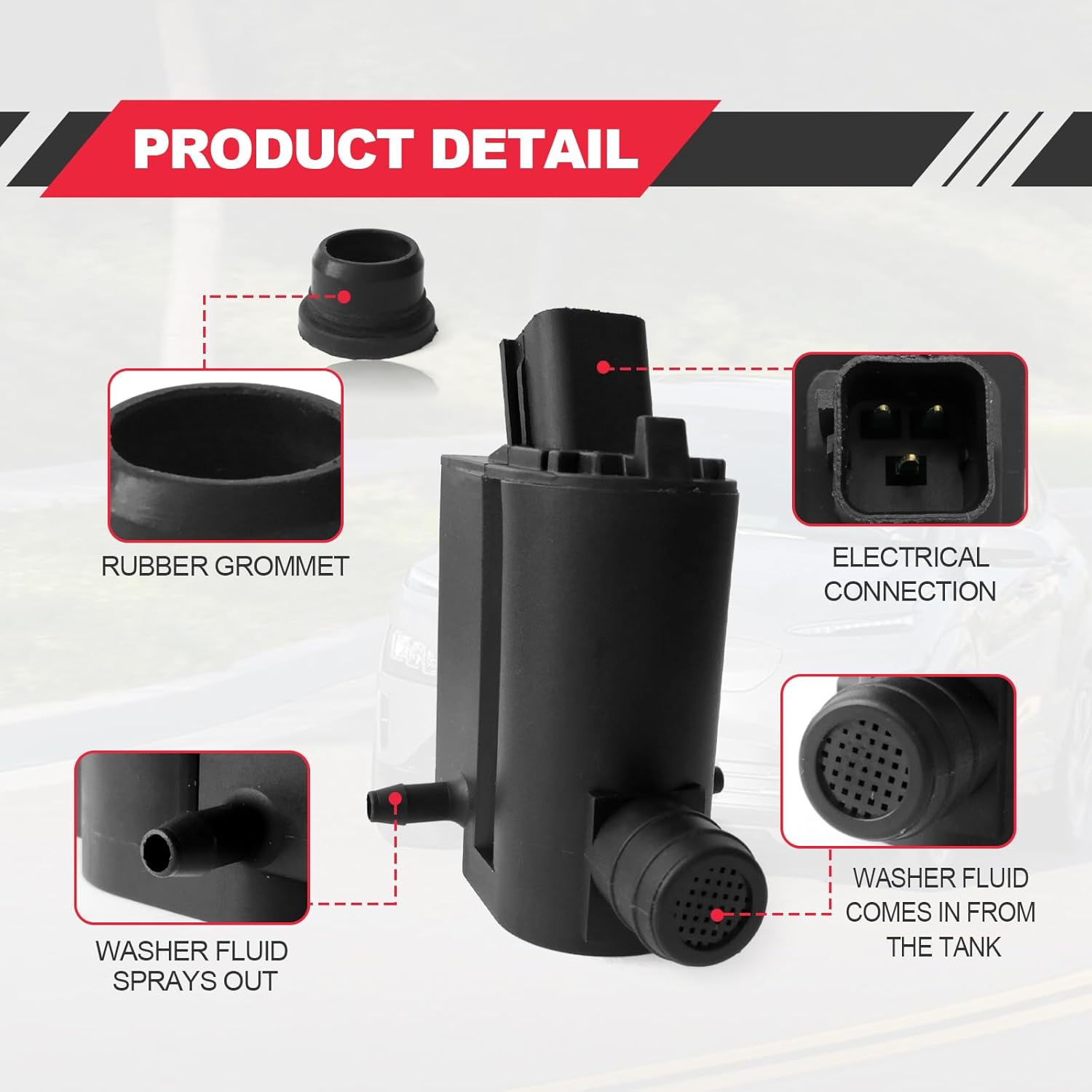 Windshield Washer Pump, Compatible with Hyundai, Kia, Replaces OEM: 98510-1C100, 98510-26100, 98510-1W000, 98510-2K000, Washer Fluid Pump with Grommet image number 2