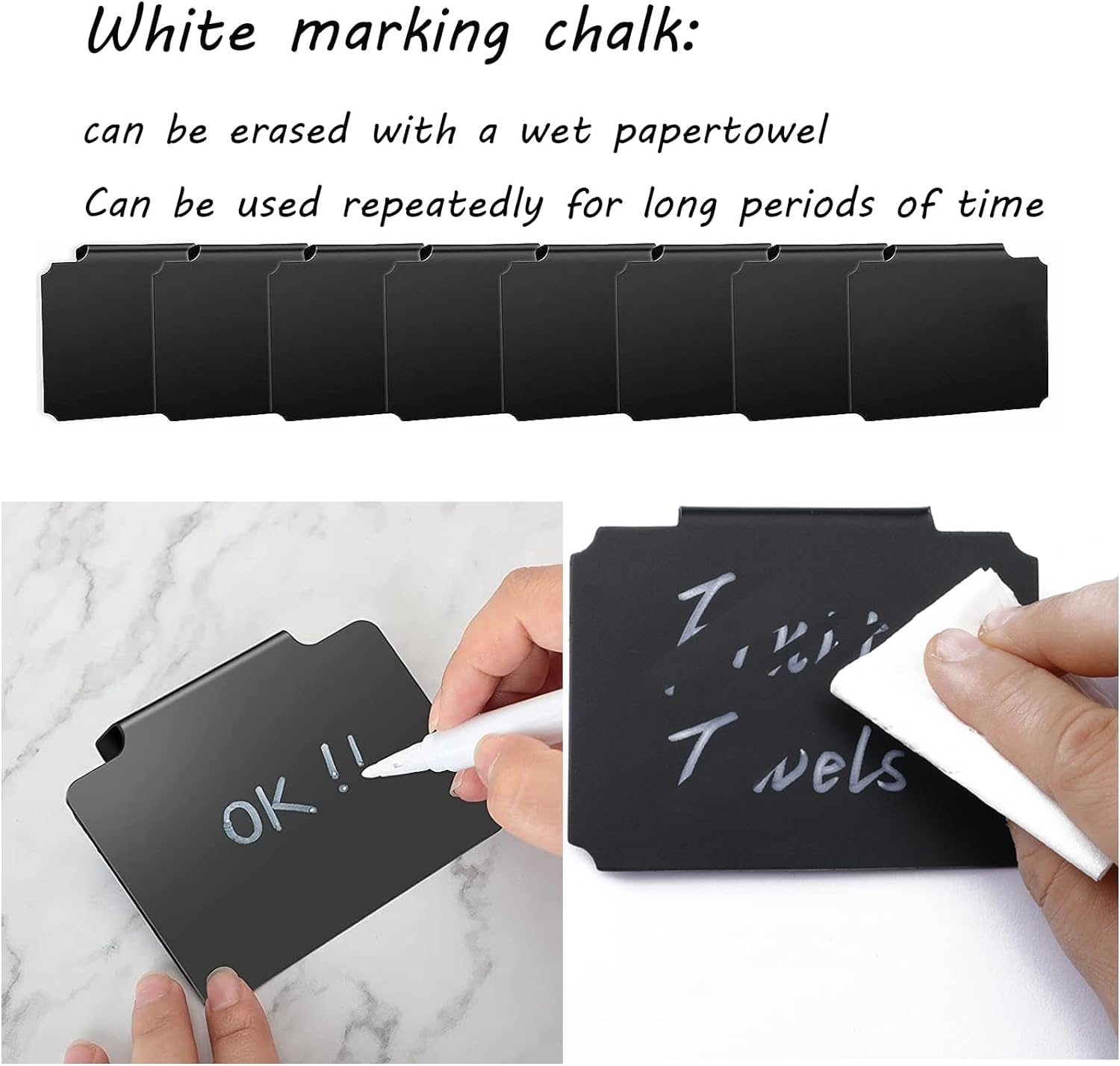 25 Pack Basket Labels, 3 White Pen, 1 Piece of Cleaning Cloth. Small Chalkboard Labels Clip for Store Shelf Storage Box Pantry Labels（Black）