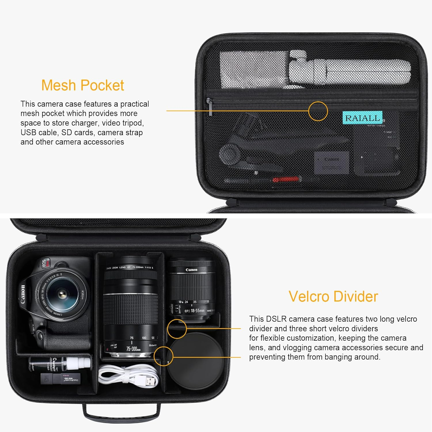 RAIALL Camera Case for Canon EOS Rebel T7/ R100/ R50V/ R50/ R5/ R6 Mark II/ R7/ R8/ 90D/ 5D Mark IV DSLR Camera, Lens, Tripod, Hard Protective Travel Bag with a Shoulder Strap and 5 Dividers, Black image number 5