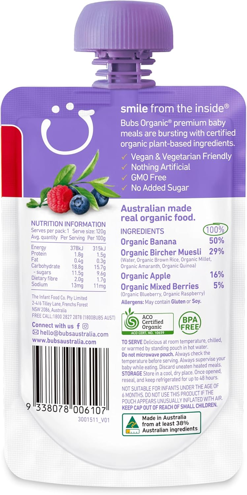 Bubs Organic Berry & Banana Bircher Muesli Pouch, 6+ Months Baby Food, Fruit Puree Snack, No Added Sugar, 120G (Pack of 6 Pouches) image number 2