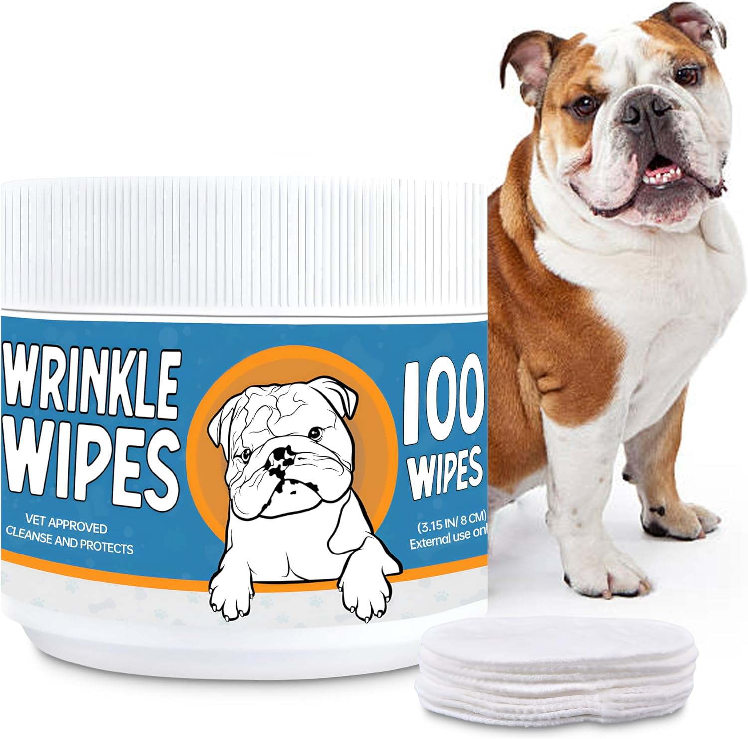 Bulldog Wrinkle Wipes for Dogs 100 Count - Clean and Sooth on Wrinkles, Folds - Dog Wrinkle Wipes French Bulldog, English Bulldog, Pugs, Frenchie - 3.15 in Large Dog Face Wipes - Unscented