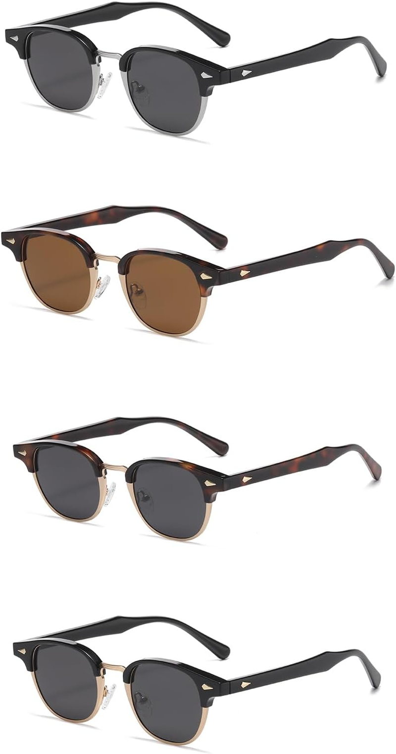 LJCZKA Polarized round Sunglasses for Men Women Retro Small Circle Semi Rimless Sun Glasses Classic Shades UV400 Protection - Black Gold Grey image number 2