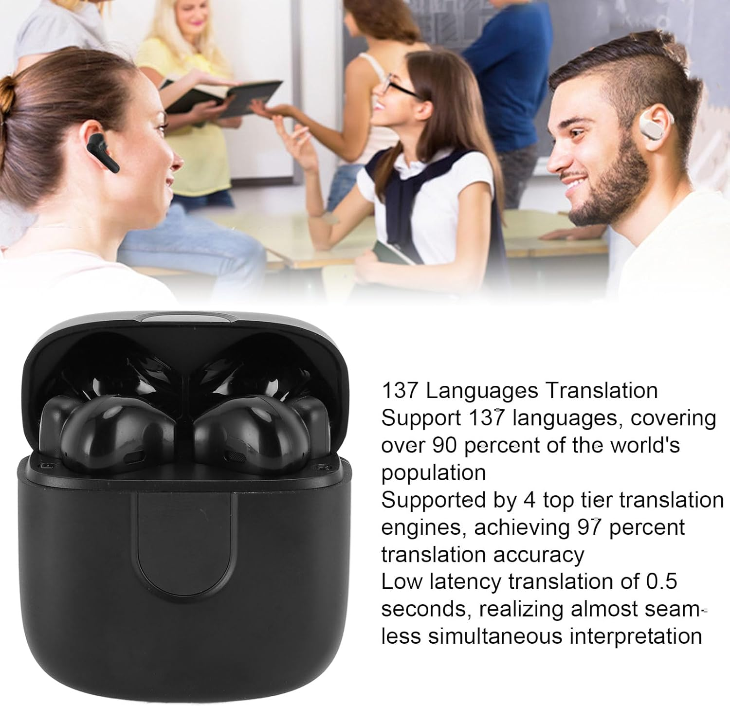 Voice Translator Earbuds, 137 Languages, 3 Modes, Real Time Online Translation Devices, Bluetooth 5.3 Simultaneous Translation Headphones for Business Contacts Travel image number 1