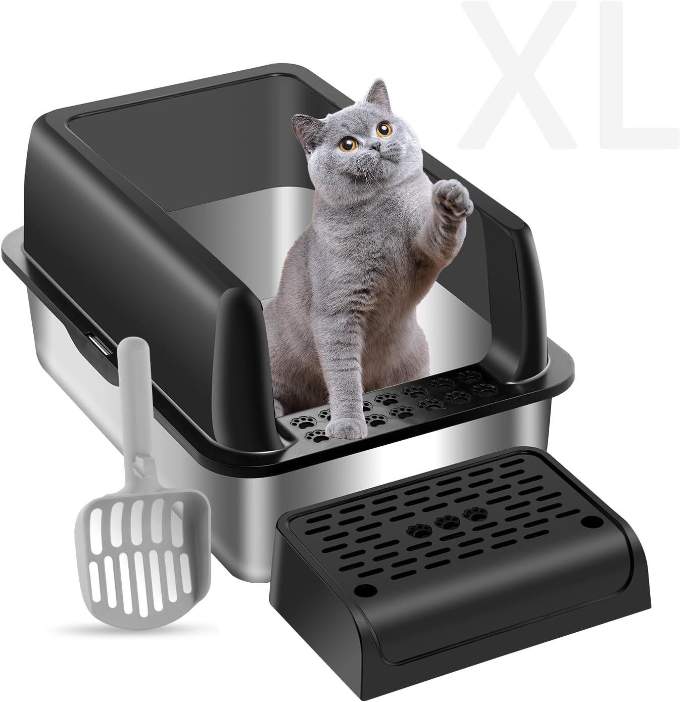 Menbyci Stainless Steel Cat Litter Box with Lid Footboard,Metal Extra Large Litter Box Self Cleaning,High Side Enclosure Cat Litter Tray for Big Kitty,Cat Scooper for Litter Boxes,24X16X12In (Black) image number 3