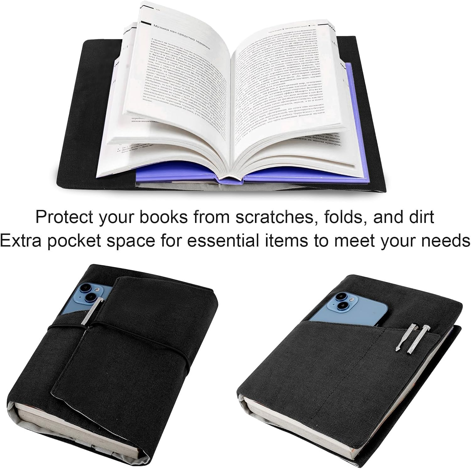 Canvas Book Cover Sleeve, Adjustable Washable Book Protector, for Hardcover/Paperbacks with Pockets for Pen, Elastic Cord Binding, Soft Book Covers, Bookish Gifts for Book Lovers (Black) image number 4