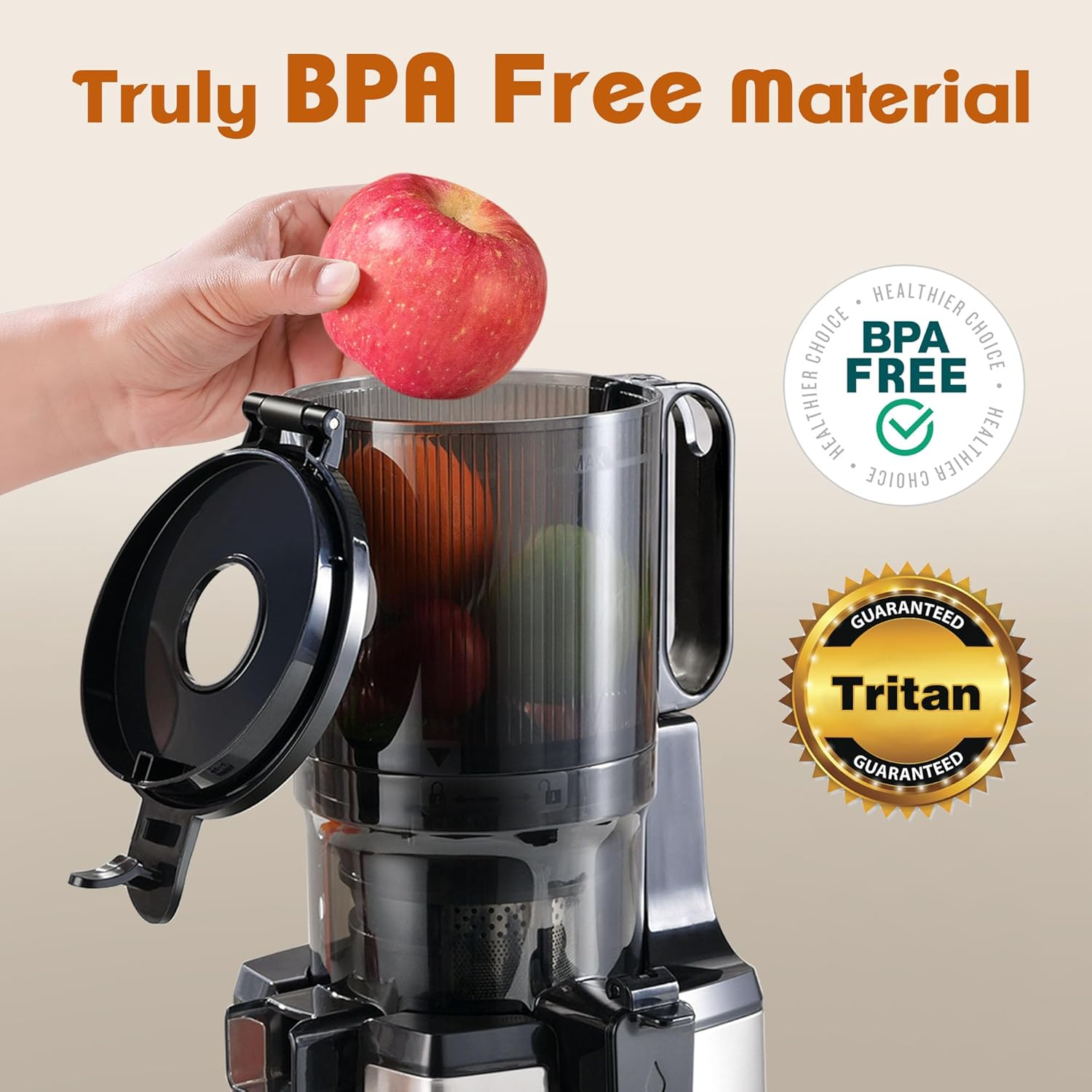 Fretta Cold Press Juicer, Slow Masticating Juicer, Citrus Juicer with 140Mm Large Feed Chute, Fit Whole Vegetables & Fruits, Reverse Function, Easy to Assemble, Stainless Steel, 250W BPA Free image number 2