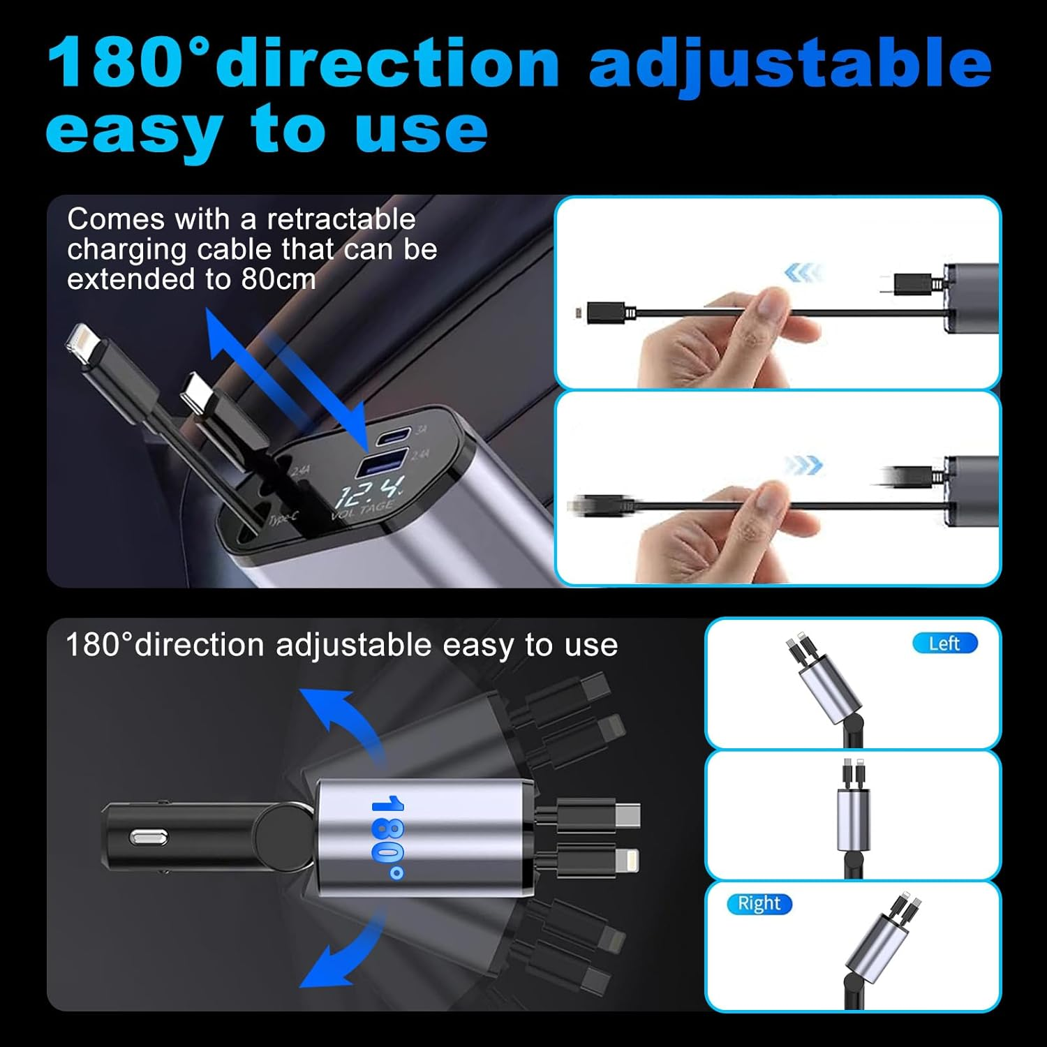 Retractable Car Charger, 4 in 1 Fast Charging Car Charger 120W, Retractable Cable and 2 USB Ports Car Charger Adapter for Iphone 16 15 14 13 Pro Max, Galaxy S23 image number 5