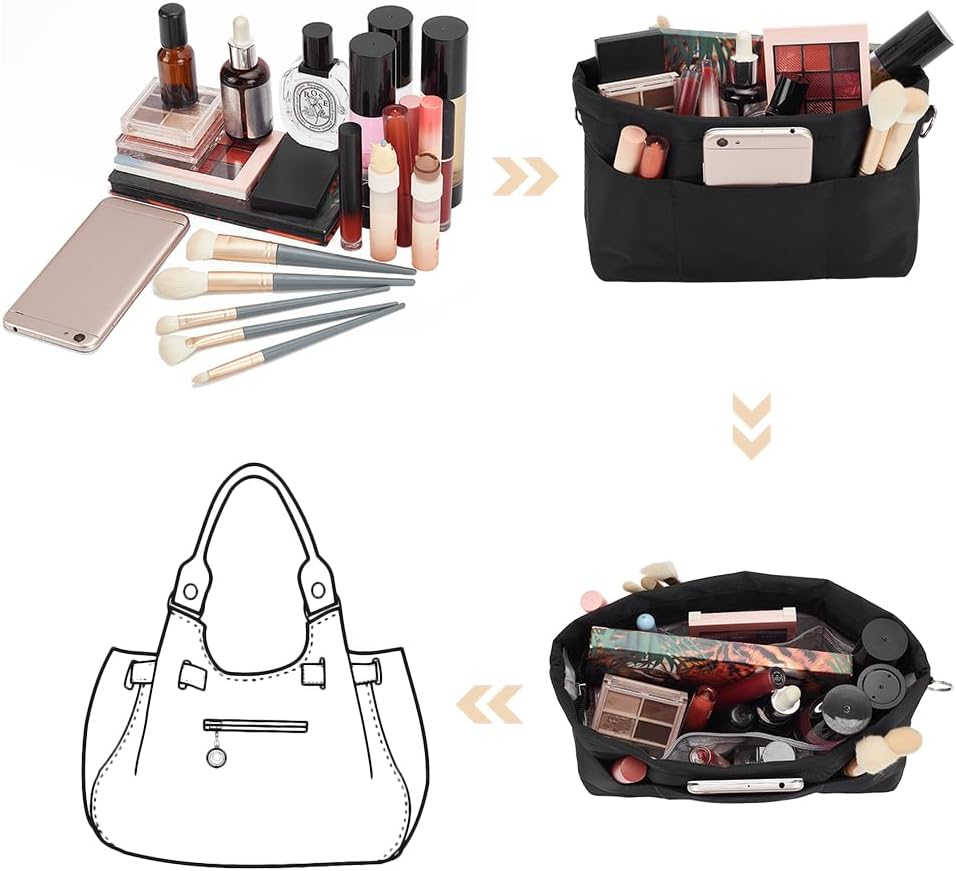 WADORN Nylon Handbag Organizer Insert, Tote Bag Organizer Insert Multi-Pocket Bag Organizer inside Large Bag Divider Zipper Insert Bag Liner Storage Travel Bag in Bag, 12X3.74X6.77 Inch, Black image number 1