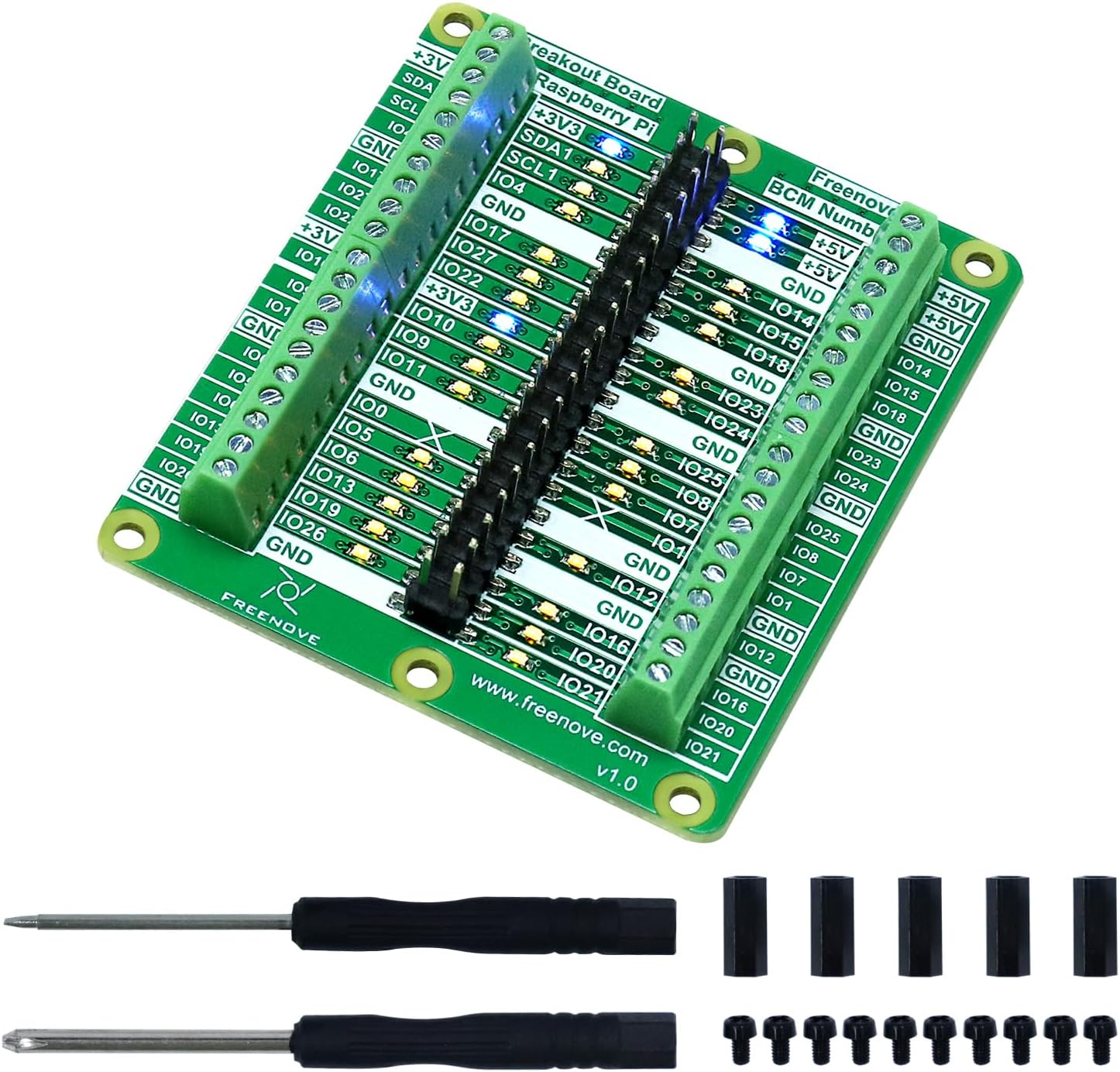 Freenove Breakout Board for Raspberry Pi 5 / 4B / 3B+ / 3B / 3A+ / 2B / 1B+ / 1A+ / Zero 2 W/Zero W/Zero, Terminal Block Shield HAT with Pin Header, GPIO Status LED
