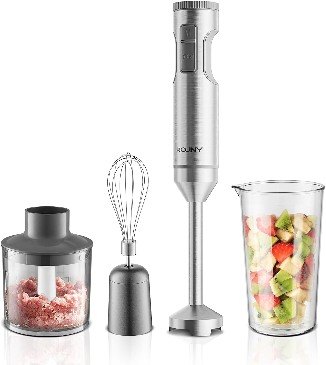 ROUNY Hand Immersion Blender, 1000W Powerful 4-In-1 Stick Blender with 9-Speed Control, Stainless Steel Body, Includes 700Ml Beaker, 500Ml Food Processor, Whisk Attachment, Bpa-Free
