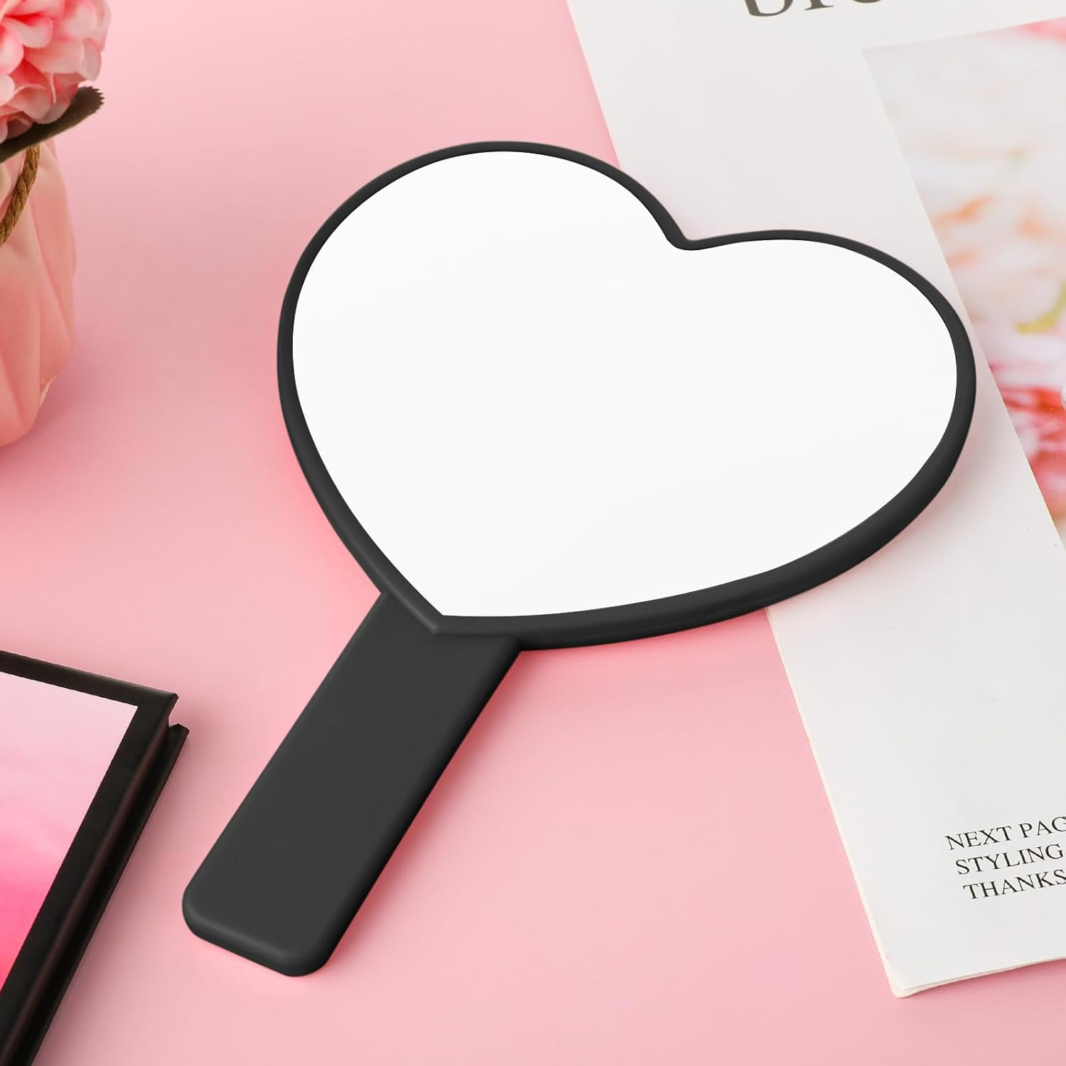 Heart-Shaped Travel Handheld Mirror - Heart-Shaped Makeup Hand Mirror with Handle - Portable Cosmetic Mirror for Women (Black) - Black image number 3