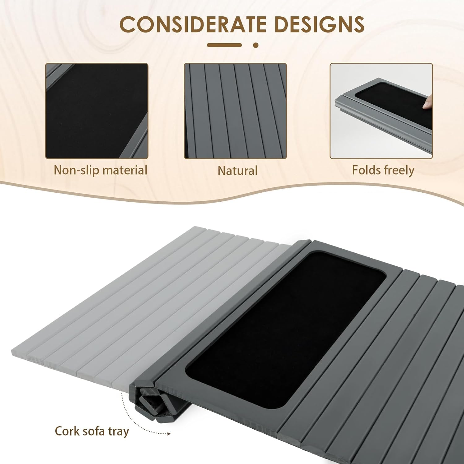 Sofa Arm Tray Wooden Sofa Tray Foldable Sofa Arm Table Tray No Assembly Couch Arm Table Flexible Sofa Tray Multifunctional Chair Armrest Table Couch Armrest Tray for Eating Drinks Snacks (Light Gray) image number 5