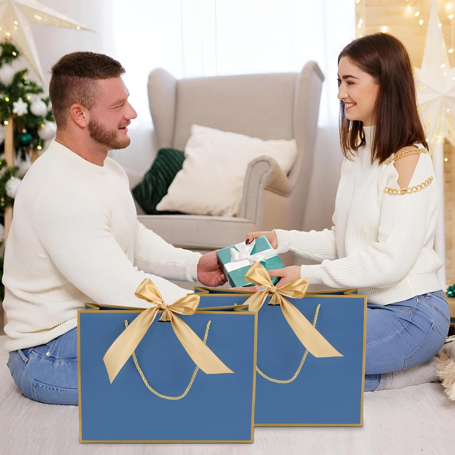 Oundarm 12 Pack 32 X 25 X 11CM Bow Blue Gold Handles Gift Bags with Gold Tissue Papers and Ribbons, Gift Paper Bags Bulk for Bridesmaid Birthday Fathers Day Graduation Anniversary Christmas image number 1