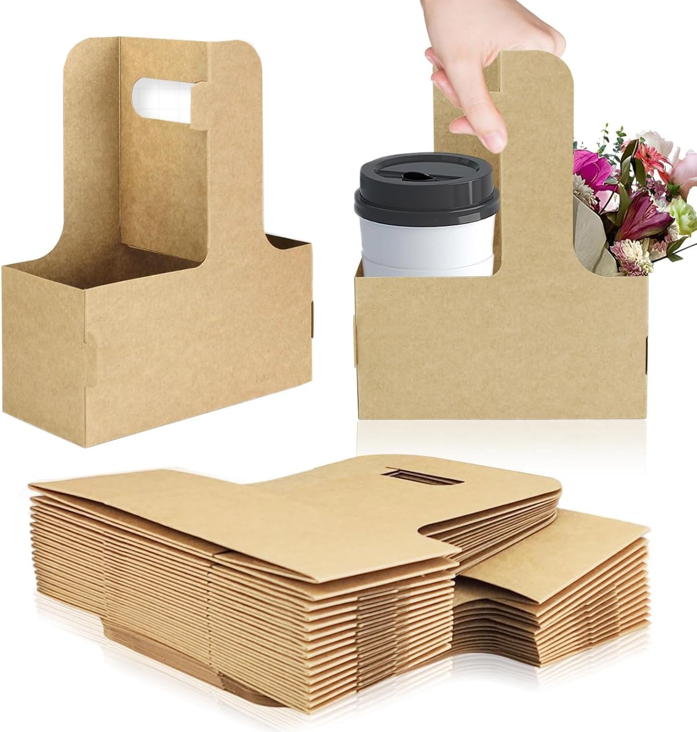 Cup Carrier with Handle, 2 Cups, Paperboard, 25 Pack, for Hot and Cold Drinks (25, Brown, 2 Cups)