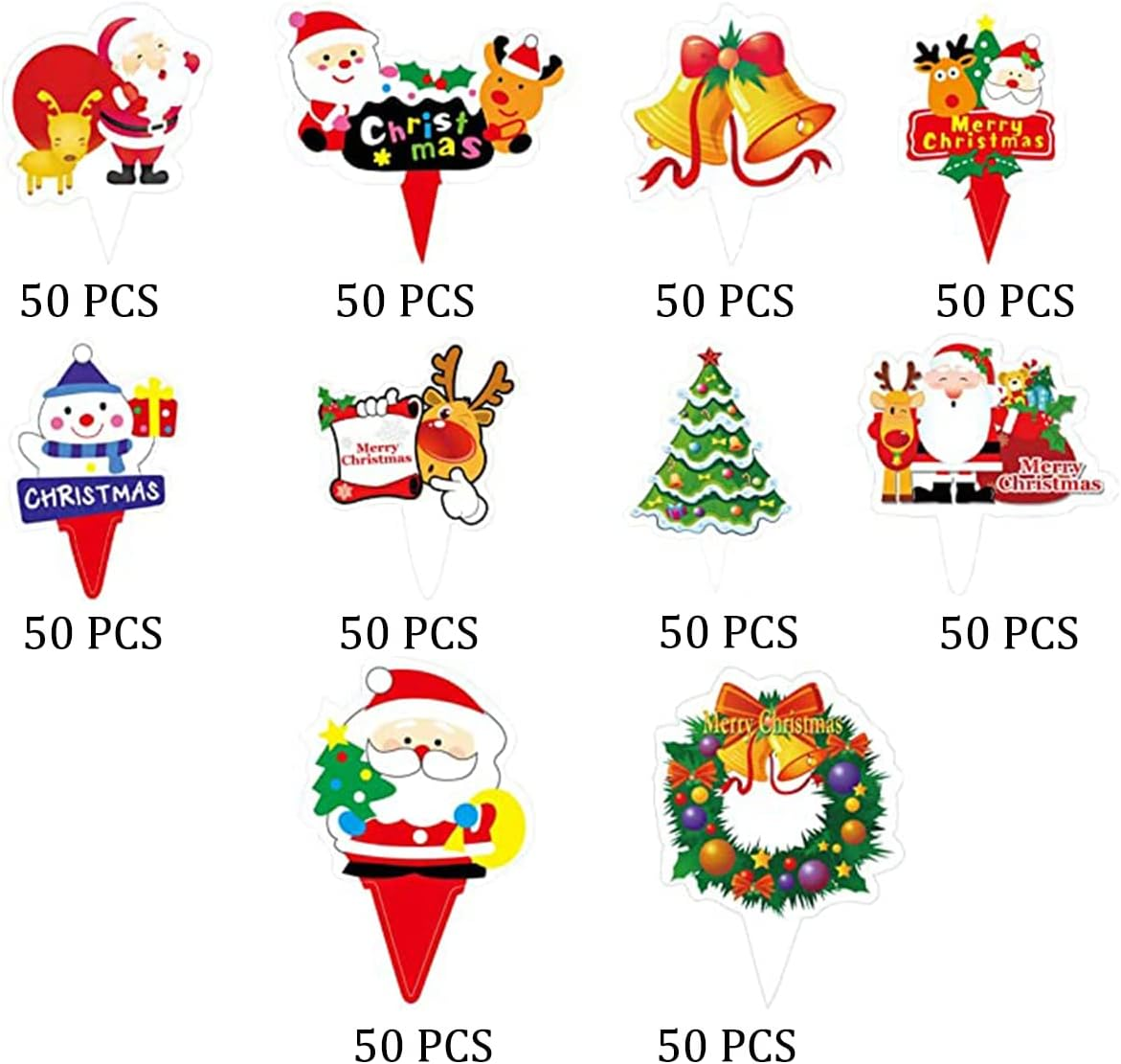 50/500 Pieces Christmas Cupcake Toppers, Cute Cake Decorations, Snowman Santa Claus Reindeer Elf Bells Cake Toppers Picks for Christmas Cake Decor Party Holiday Supplies Favors (500 Pieces) image number 2