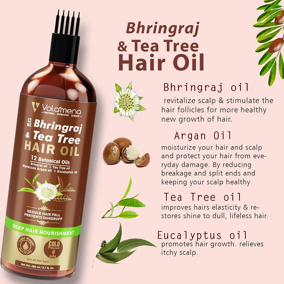 VOLAMENA with DEVICE 12 in 1 Bhringraj & Tea Tree Botanical Cold Pressed Hair Oil 200 Ml image number 3