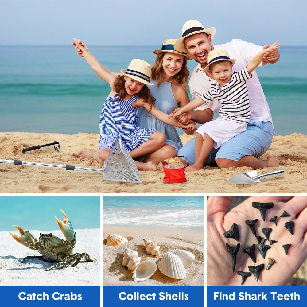 ALSTON Beach Rake Stainless Steel Sand Flea Rake 140Cm Long Detachable Handle and Shark Tooth Wide Sifter for Easy Sand Flea Removal with Bonus Basket and Tools image number 3