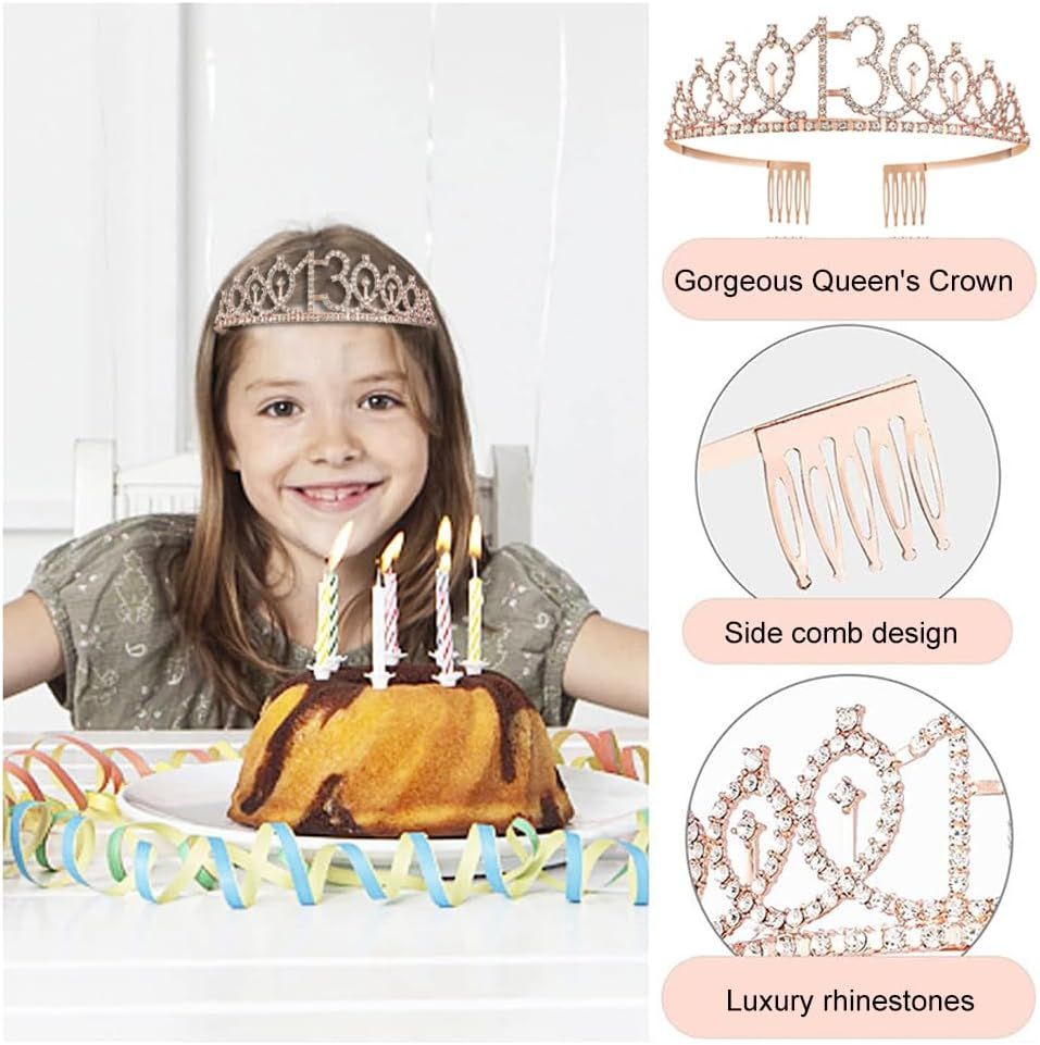 Aoiiigo 13 Happy Birthdays Party Favor Supplies 13Th Birthday Decorations for Girl Official Teenager 13Th Birthday Crown and Sash image number 2