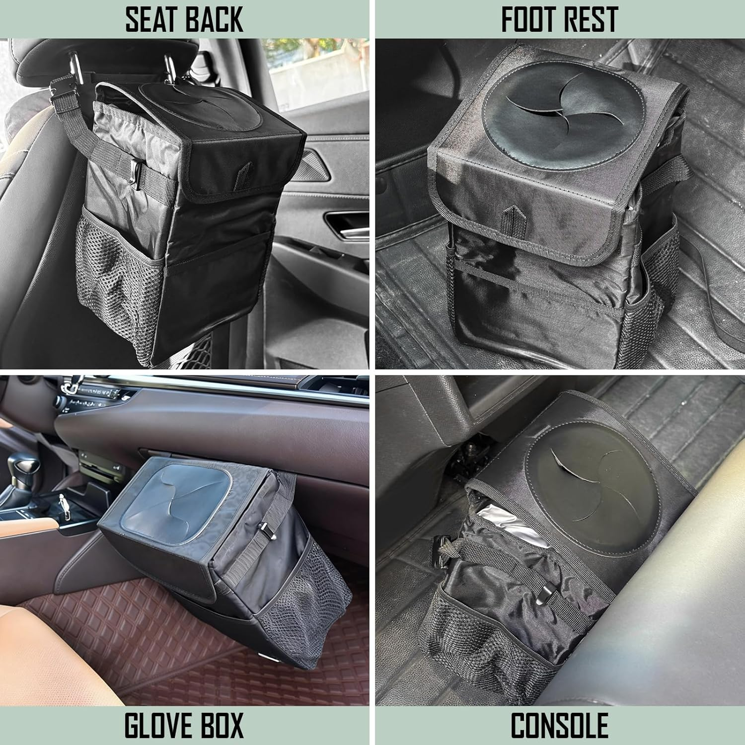 Foldable Waterproof Car Bin for Trash with Lid, Rectangle Vehicle Dustbin Organizer for Hanging on Seat or Floor, for Car Office Home Camping (Black) image number 1