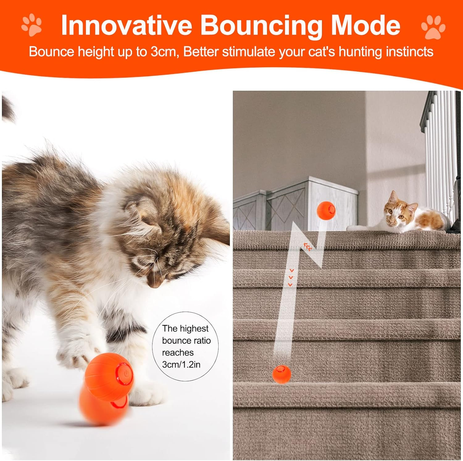 Interactive Cat Ball Toys, Intelligent Motion Activated Automatic Rolling Bouncing Ball Toys for Kitten, USB Rechargeable Present for Cats with LED Lights (Orange) image number 2