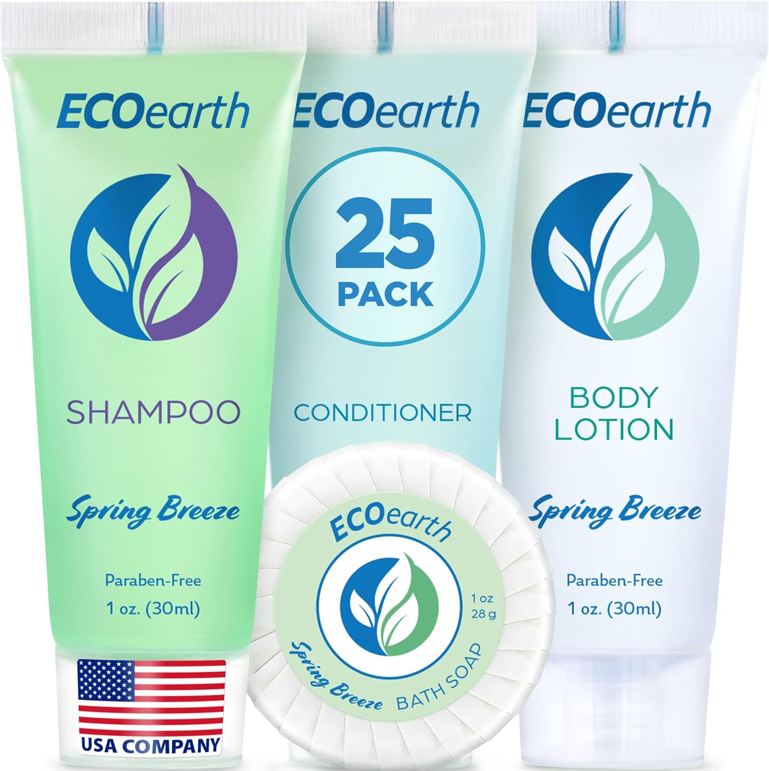 Ecoearth Hotel Toiletries Bundle (Spring Breeze, 1 Oz Each, 100 Pieces) 4-Piece Set: 25 round Bar Soap, 25 Shampoo, 25 Conditioner & 25 Body Lotion - Bulk Mini Guest Amenities image number 1