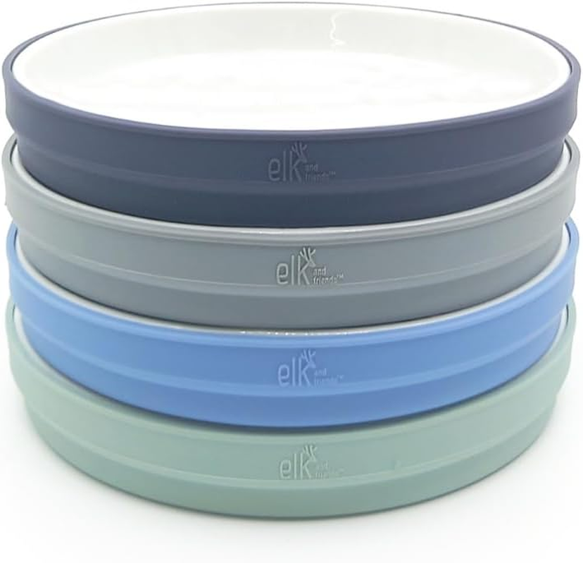 Elk and Friends Kids 7.8&rdquo; Porcelain White Plates with Silicone Sleeves | Suitable for Babies/Toddlers | Microwave & Dishwasher Safe | Non Slip Dinnerware | Snack Dishes | 4 Pack image number 6