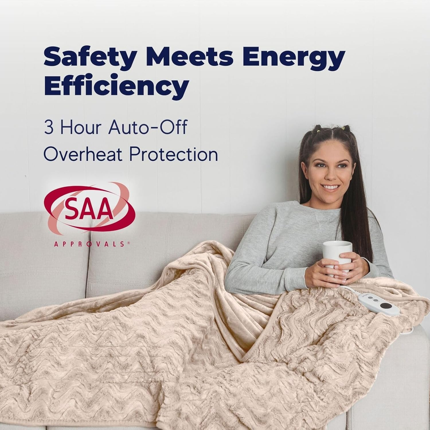 Dreamaker Luxury Faux Fur Electric Heated Throw Blanket 200X180Cm Heating Rug Reversible Coral Fleece Plush Snuggle Overheat Protection LED Display 9 Heat Settings Detachable Controller - Natural image number 4