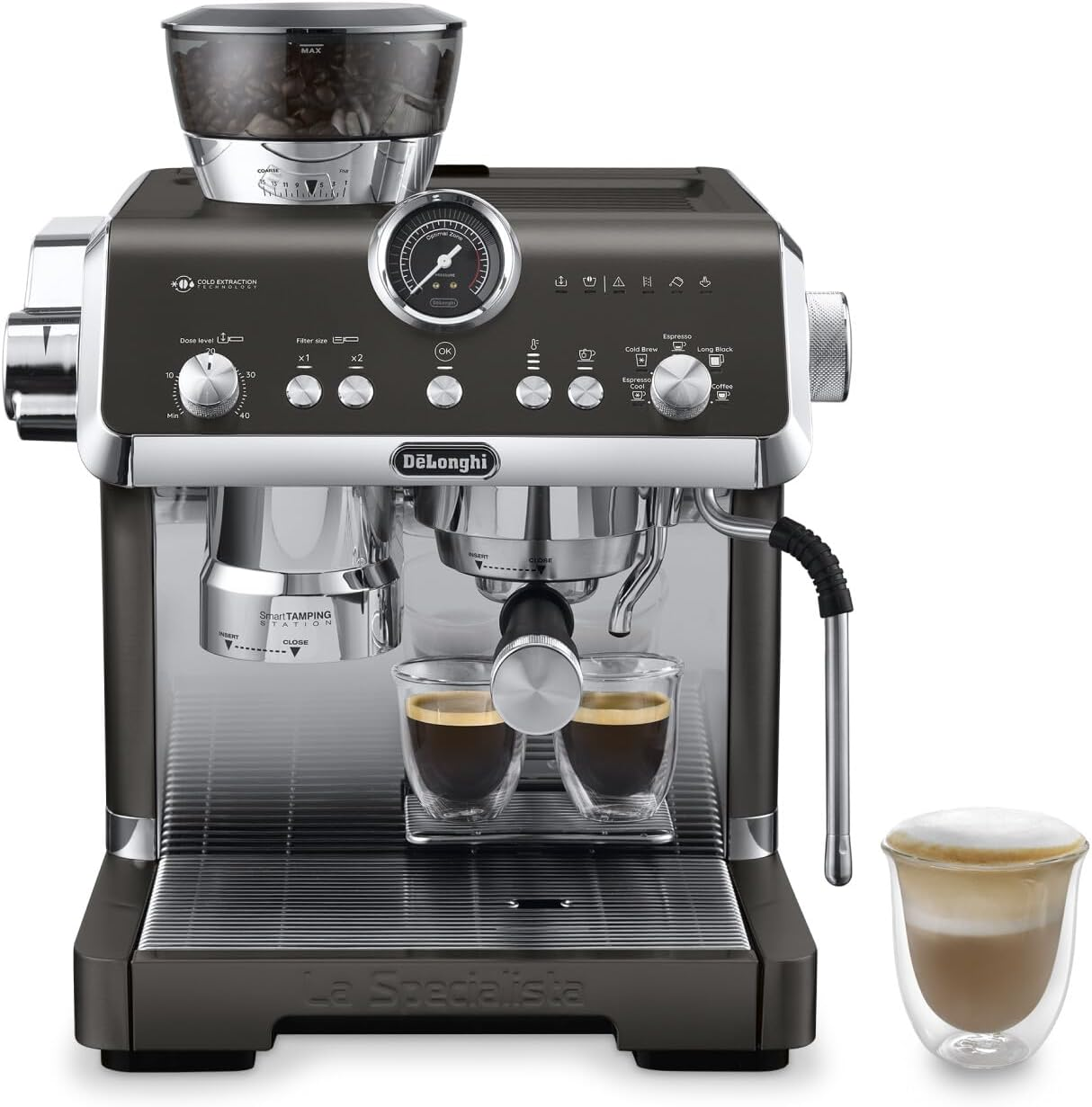 De'Longhi La Specialista Opera Manual Espresso Coffee Machine EC9555.M, Smart Tamping Station, 15 Grind Settings, Cold Brew Function, Latteart Steam Wand, Includes Milk Frothing Jug, Metal