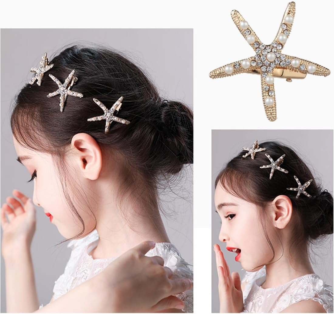 Pack of 3 Starfish Hair Clips, Diamond Hair Clip, Hairpin, Beach Starfish Hair Pin Girls Flower Girl Accessories image number 3