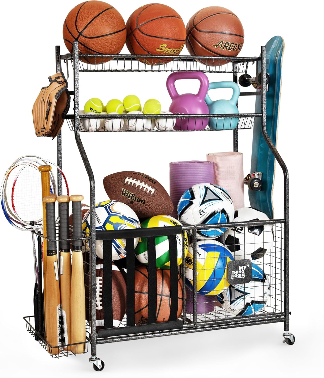 Mythinglogic Garage Storage System, Garage Organizer with Baskets and Hooks, Sports Equipment Organizer for Sports Gear/Toys,Garage Ball Storage for Indoor/Outdoor Use image number 1