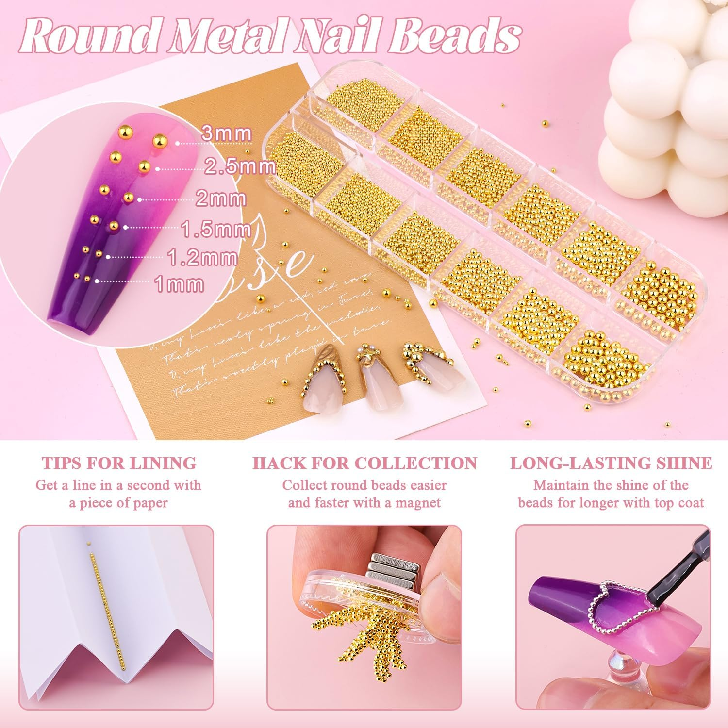1-3MM Mini Small Nail Beads Metal Caviar Beads Gold Nail Charms and Gems Ball, Nail Balls for Nail Art Accessories Supplies Gold Rhinestones for Women Manicure image number 3