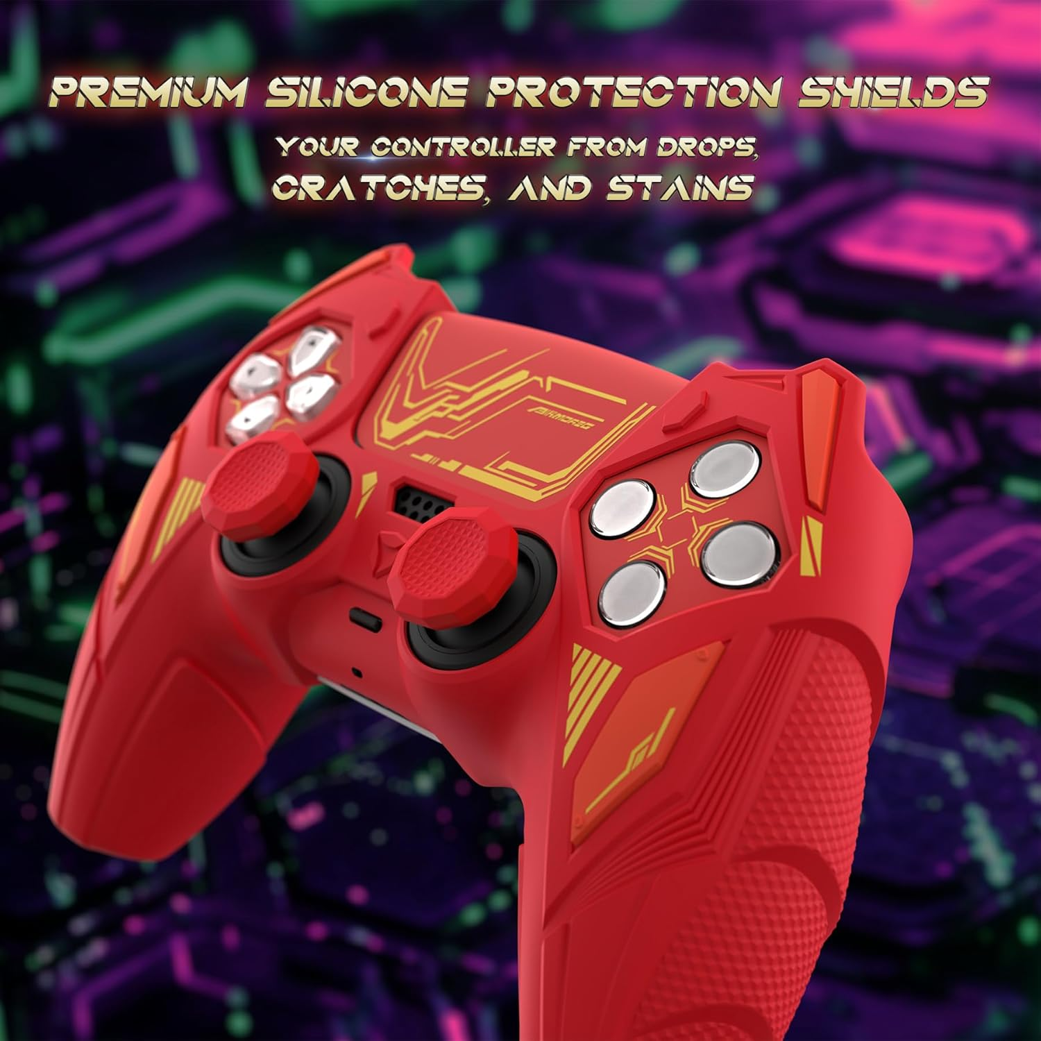 Playvital Mecha Rhino Silicone Cover for Ps5 Controller with Thumb Grips & Stickers, Anti-Slip Controller Grip Skin Accessories Compatible with Ps5 Charging Station - Maple Red & Brick Red image number 1