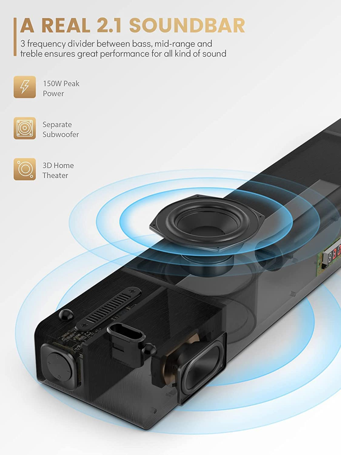 Sound Bar Wooden MEREDO Sound Bars for TV 2.1CH Built-In Subwoofer 150W All-In-One Soundbar Bass/Treble Adjustable 5 EQ Modes Arc/Optical/Aux/Bt 5.0 3D Surround Sound for Home Theater-Compact 28Inch image number 1