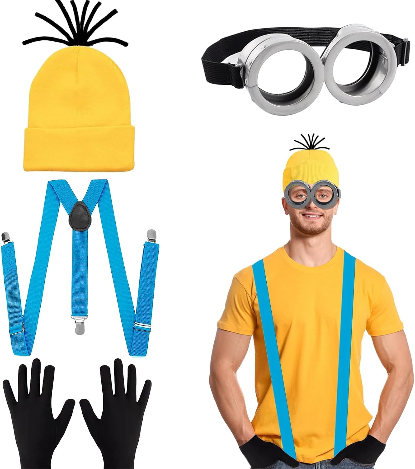 5PCS Yellow Costume Accessories, Fancy Dress Set with Eanie Knit Hats Goggles Gloves Blue Straps for Adult Halloween Cosplay Party World Book Day Dress up Outfits image number 6