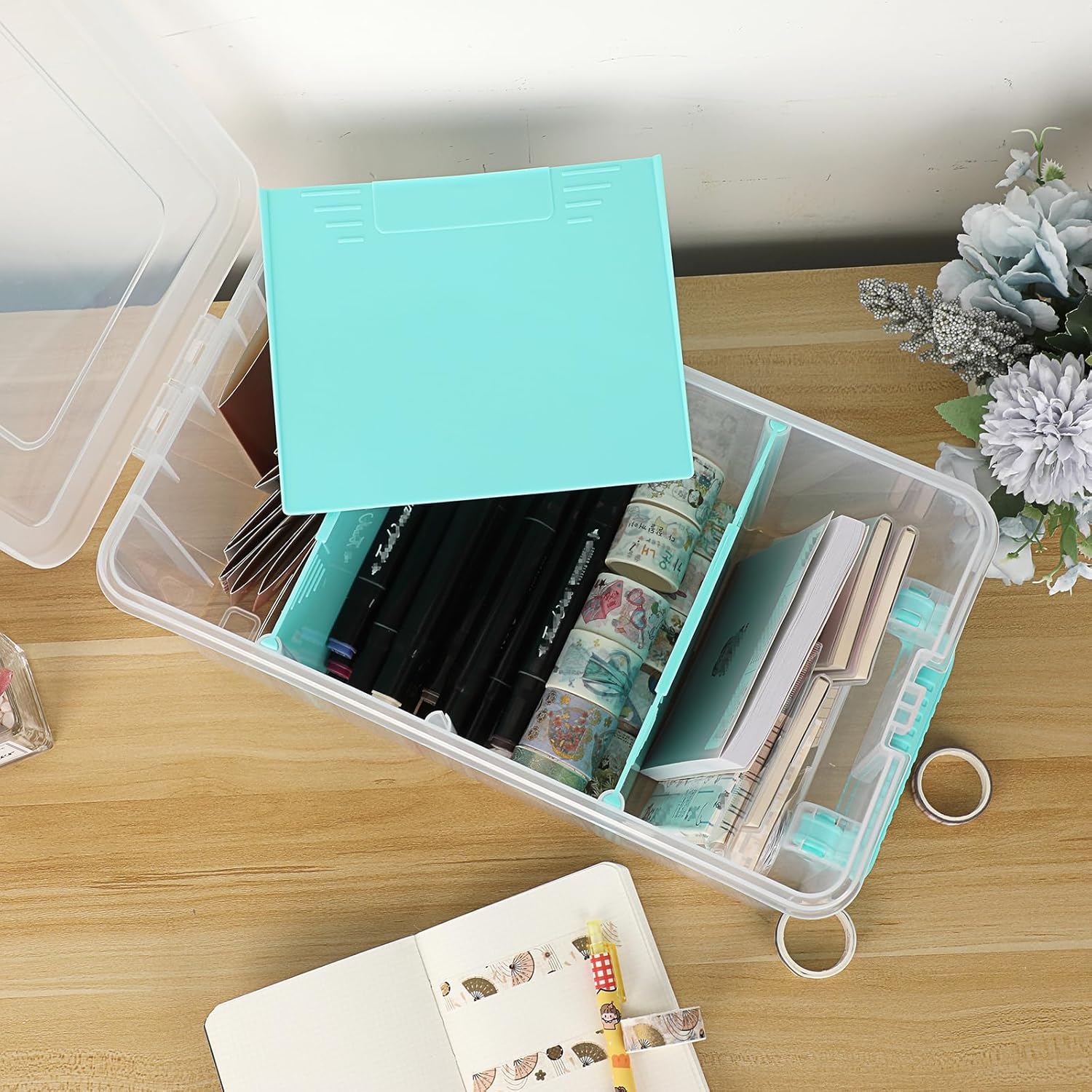 OGA Plastic Transparent Storage Box with Lid, Multi-Purpose Organiser with Carry Handle and 3 Removable Compartments, Dustproof Box for Crafts, Crafts (35.2 X 20 X 15.8 Cm) Modern Home Decoration image number 4