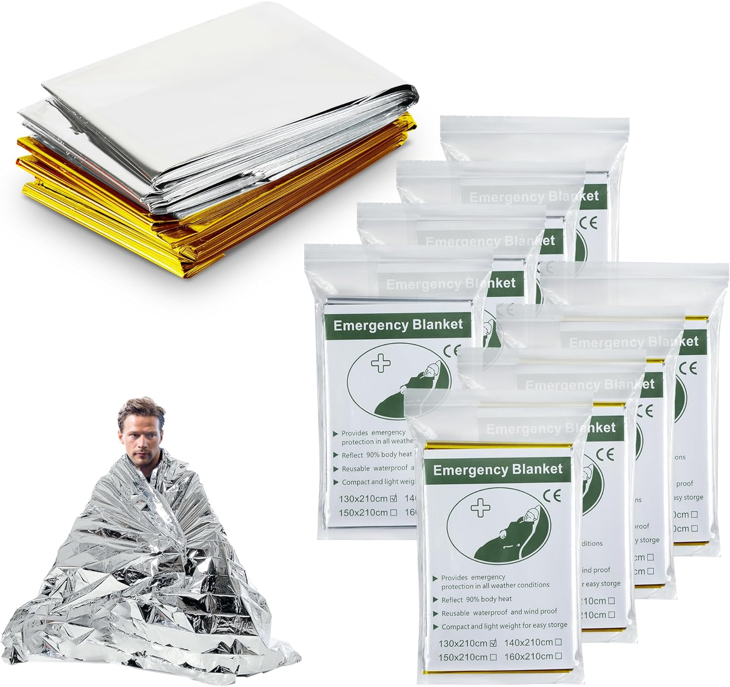 8 Pack Emergency Thermal Blankets, Survival Blankets Reflective First Aid, Blanket for Camping Hiking Outdoor Warm Insulated Heat Insulation and Waterproof