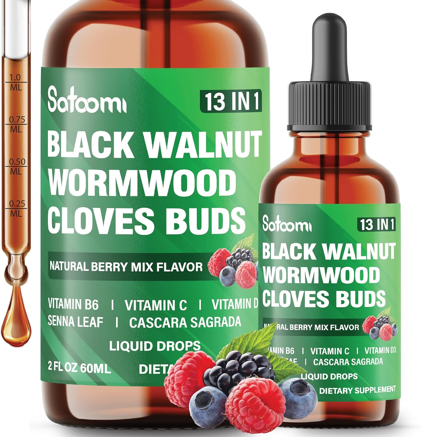 SATOOMI 13In1 Black Walnut Liquid Drops with Wormwood, Cloves, Vitamin B6, Vitamin C, Vitamin D, Senna, Cascara Sagrada and 5 More - 2 Fl Oz for 60 Days - Berry Mix Flavor image number 5