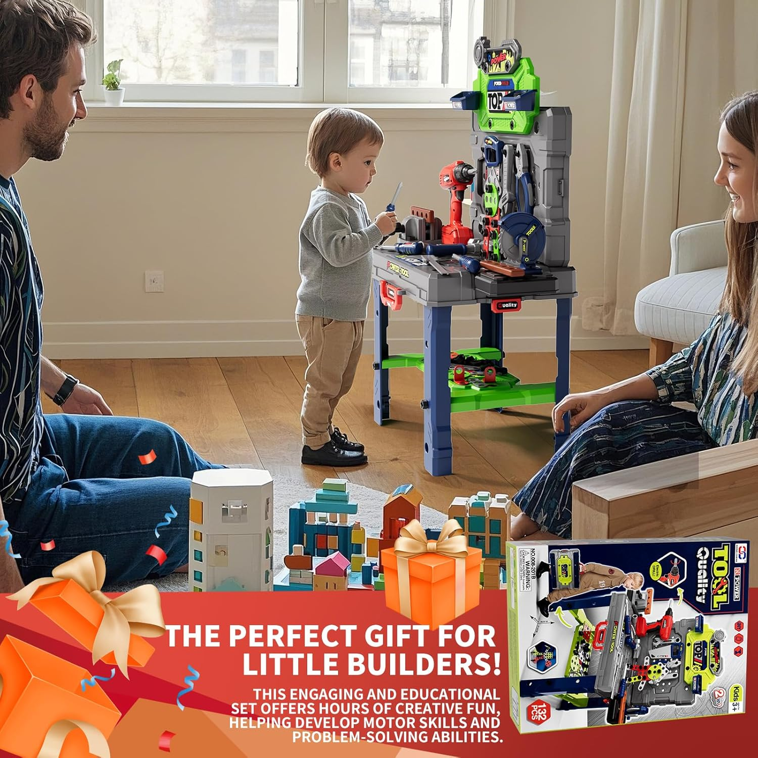 Kids Tool Bench with Realistic Tools and Electric Drill, 2-In-1 Transformable Kids Tool Set, Pretend Play Construction Workbench Toys for Toddler Boys Girls Age 3-8