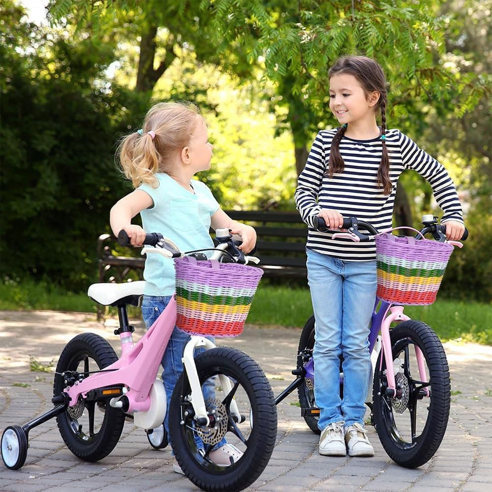 2-Piece Kids Bicycle Basket &ndash; Hand-Woven Rainbow Color Bike Baskets for Toddlers, Waterproof Tricycle and Scooter Basket with Adjustable Strap for Boys and Girls image number 3