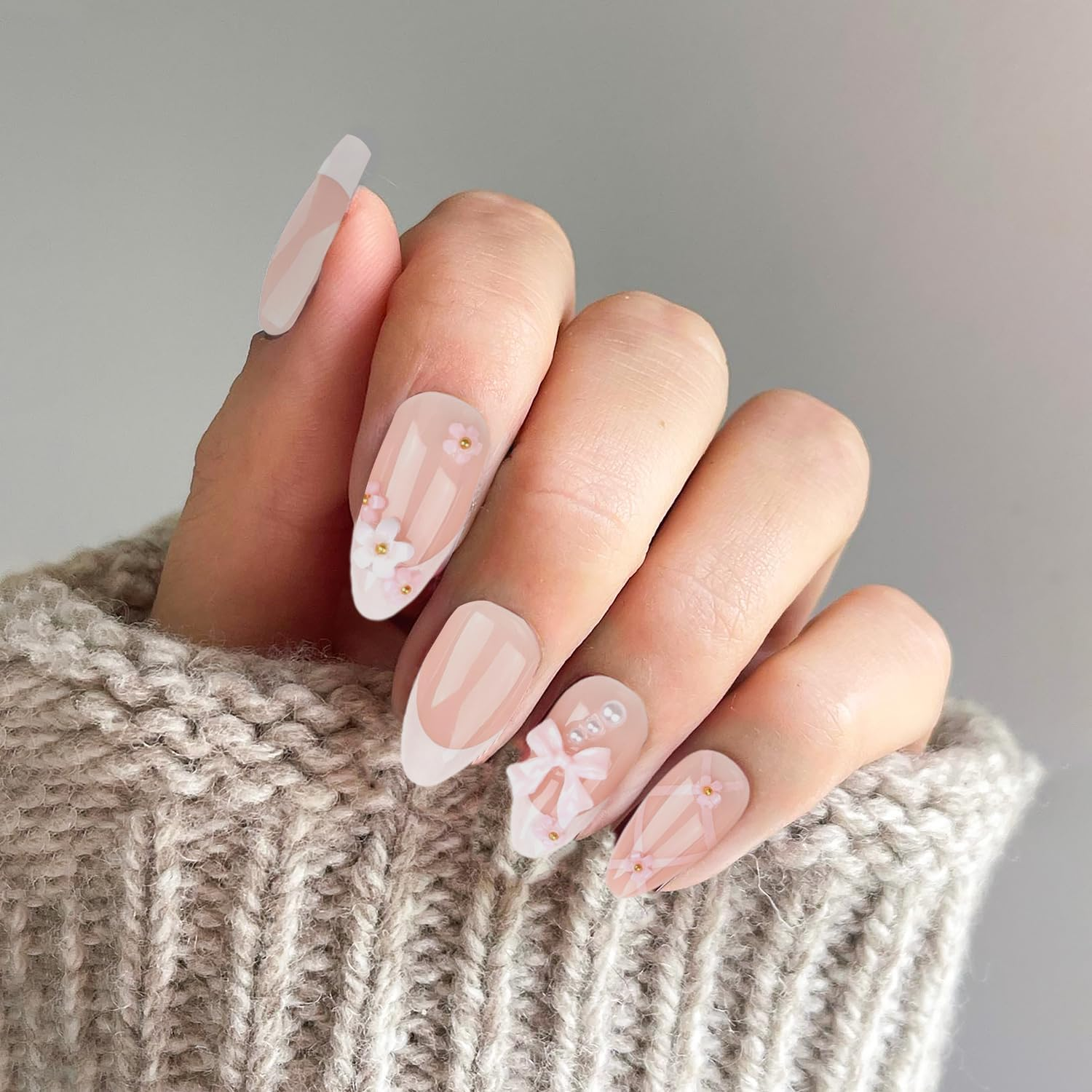 24 Pieces Press on Nails False Nails French Tip Fake Nails Glue on Nails Full Cover Oval Glue on Nails for Women Girls Nail Art Accessories (Style 2) image number 2