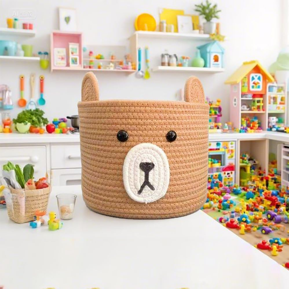 Bear Laundry Baskets, Woven round Bear, Weaving Baskets and Buckets, Cute Storage Basket for Toys, Shower, Laundry, Storage Hamper for Toy Plant Indoor Corner,Suitable for Desktop,Living Rooms,25*25Cm image number 2