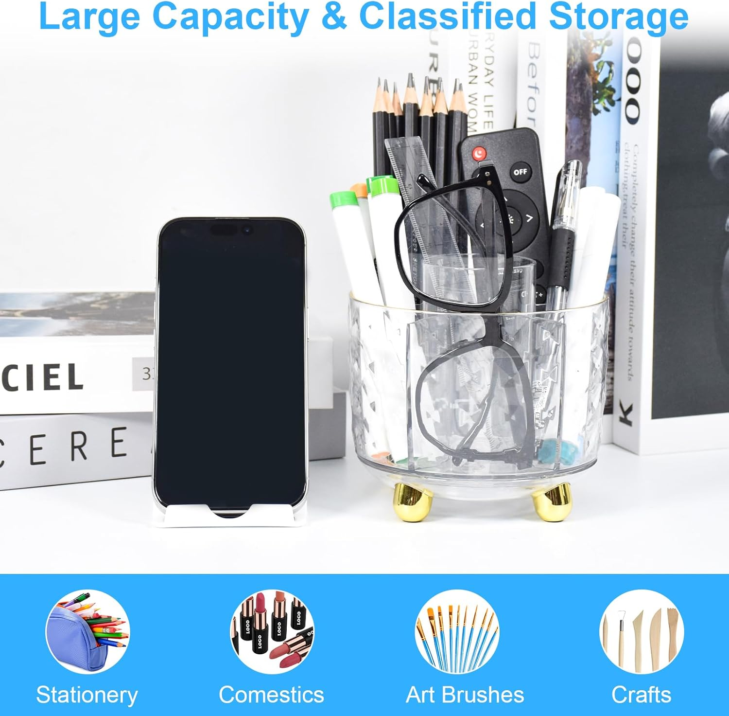 Marte Vanci Pen Pencil Holder, 360&deg; Rotating Makeup Organiser Brush Holder with Phone Stand, Pen Pot Brush Organiser 5 Slots Desk Storage Box Caddy for Dressing Table Office Stationery Clear Gold - Clear Silver image number 3