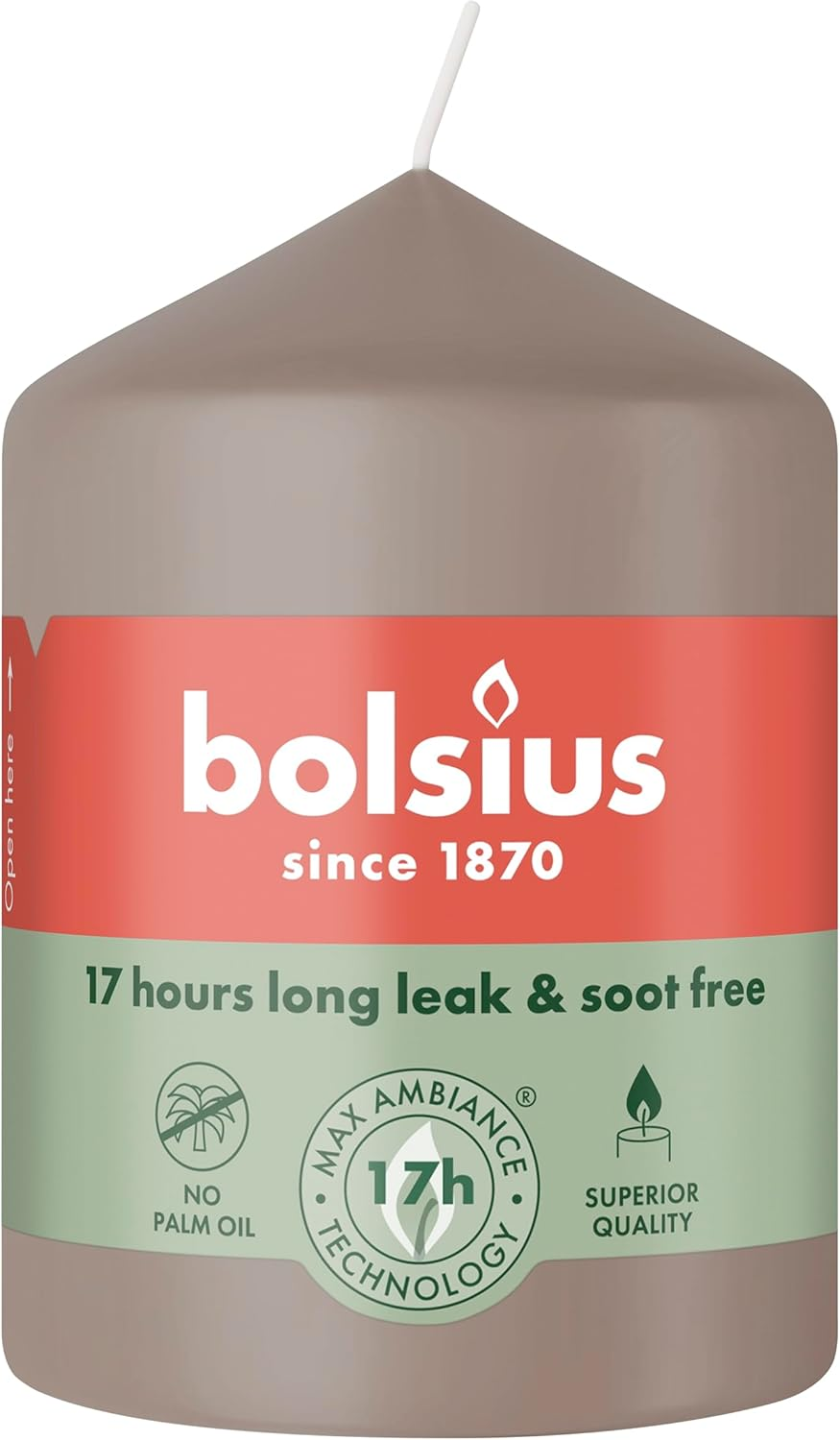Bolsius - Essentials - Pillar Candle - Taupe - 8 Cm - Length Burning Time 17 Hours - Unscented - Natural Plant Wax - without Palm Oil
