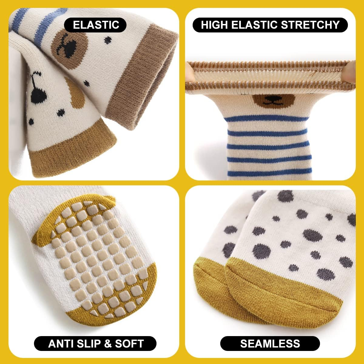 (5 Pairs- Size S/M/L) Unisex Baby Non Slip Grip Toddler Socks,H HOME-MART Breathable Infant Ankle Socks with Grips for Baby Boys Girls for 0-1/1-3/3-5Years image number 3