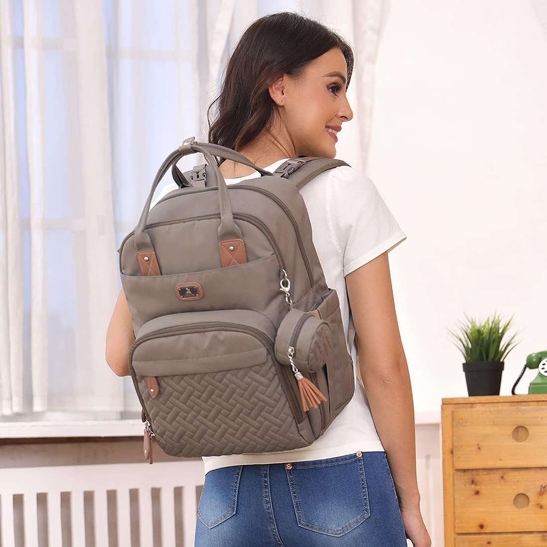 Dikaslon Changing Bag Backpack, Large Nappy Back Pack Multifunction Baby Bags with Portable Changing Mat, Pacifier Holder, and Stroller Straps, for Mom and Dad, Khaki image number 4